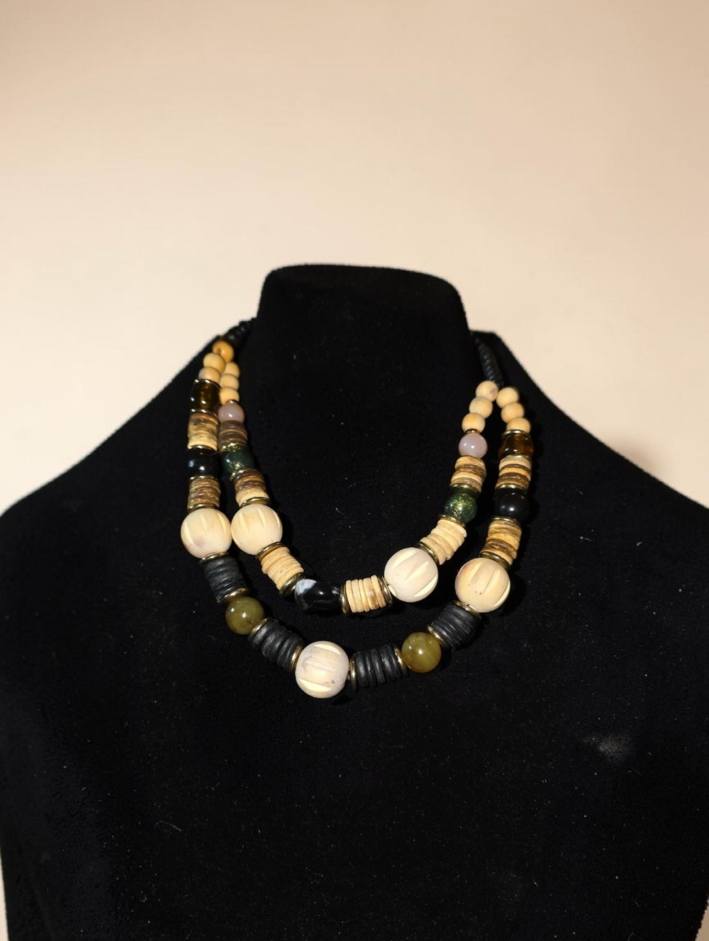 Sassified Boutique  Handcrafted Multi-Strand Beaded Necklace in Cream and Black